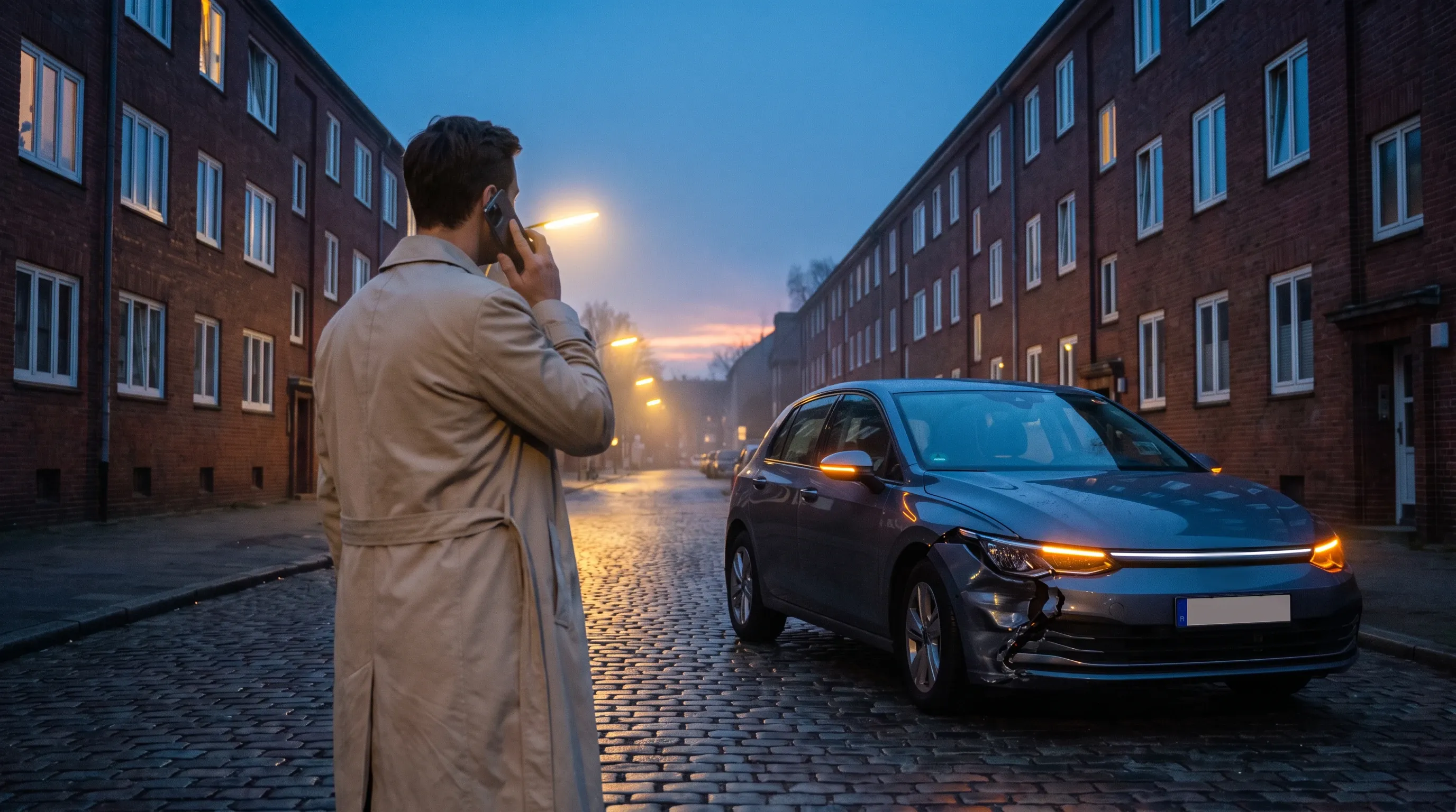 Person telefoniert neben dem beschädigten Auto (Symbolbild, KI-generiert)